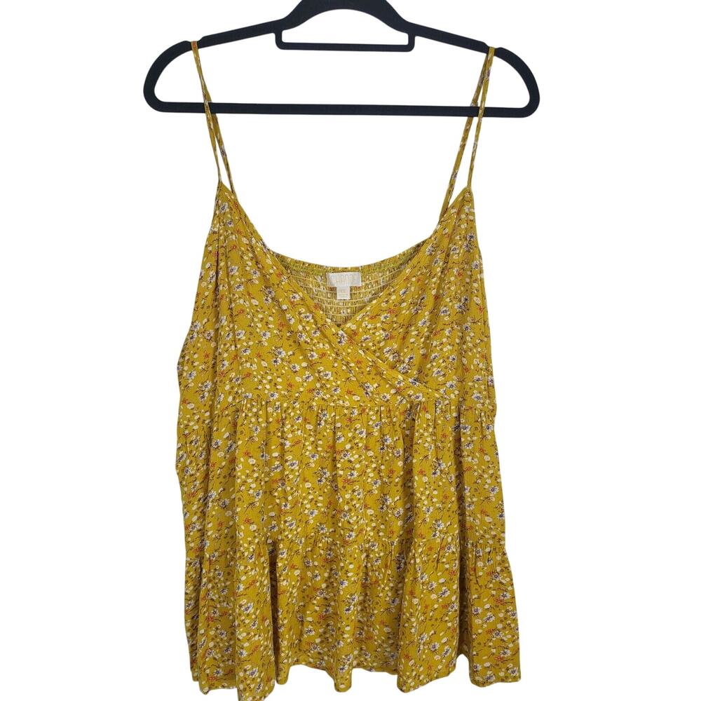 BKK Chance Tank Blouse 1X Womens Plus Size Yellow‎ Floral Flowy Light Pullover